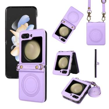 Imagem de Capa de telefone de couro crossbody para samsung z flip 5 4 3 5g flip5 corda longa para carregamento capa de cordão, roxo, para samsung z flip 4
