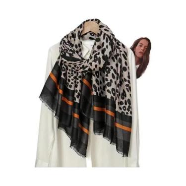 Imagem de Xale De Franjas Listrado De Leopardo Pashmina 180x90cm Lenço De Viscos