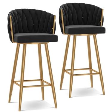 Imagem de Banquetas de bar giratórias modernas de 360°, cadeiras de cozinha estofadas de altura de bar com pernas de aço e apoio para os pés, perna dourada preta, 2 peças