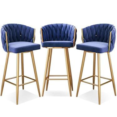 Imagem de Banquetas de bar giratórias modernas de 360°, cadeiras de cozinha estofadas de altura de bar com pernas de aço e apoio para os pés, perna dourada azul, 3 peças