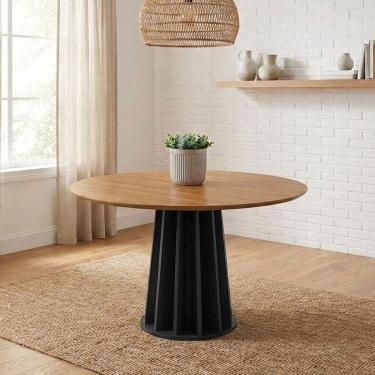 Imagem de Mesa de Jantar Redonda 4 Lugares 105cm X 105cm com Tampo Chanfrado e Base Ripada em Mdf Freijó / Preto Fosco