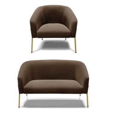 Imagem de Sofá Namoradeira E Poltrona Pé De Ferro Dourado Stella Suede D03 - D`rossi Cor Marrom