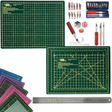 Imagem de Kit Base de Corte A4 30x22cm Multiuso Costura Artesanato Patchwork Desenho Jogo Estilete Precisão 13 Peças Regua Metal 30cm (Verde)