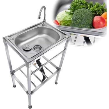 Imagem de Pia De Aço Inoxidável De Bacia única Independente Com Suporte Pia De Lavanderia Simples Com Torneira Pia De Cozinha Comercial Fácil De Instalar Pia Móvel De Acampamento Ao Ar Livr, 48x35x83cm