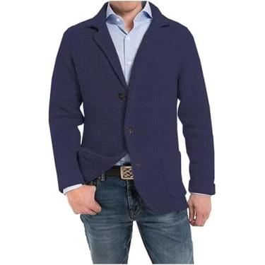 Imagem de Cardigan Masculino Suéter Gola Xale Blazer Jaqueta Slim Fit Casaco Esportivo Vintage Inteligente Blazer Casual Botão Para Baixo Jaquetas De Suéter De Malha Com Bolsos, Navy, S