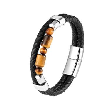 Imagem de CARICY Pulseira masculina de couro trançado olho de tigre/ônix preto com contas de pedra curativa para homens pulseira de aço inoxidável, 8.3 in, Zircônia cúbica