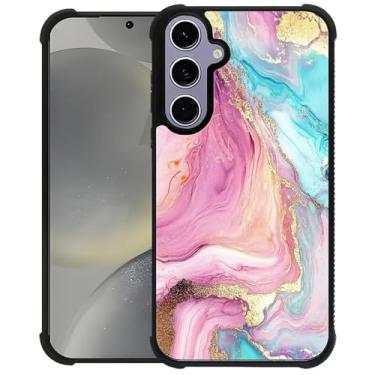 Imagem de CARLOCA Capa compatível com Samsung Galaxy S24 S25 para meninas à prova de choque anti-arranhões capa traseira rígida PC estética padrão de moda rosa azul-petróleo linhas douradas arte mármore