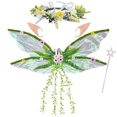 Imagem de Vifcotlyp Asas de fada, conjunto de asas de borboleta com orelhas de elfo, varinha de guirlanda de flores, acessórios de fantasia de fada para mulheres, cosplay de Halloween renascentista