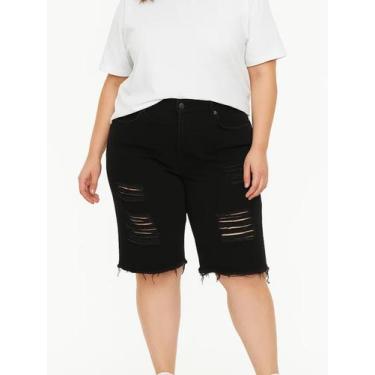Imagem de Bermuda Feminina Jeans Preto com Rasgo e Barra Desfiada Plus Size Shor