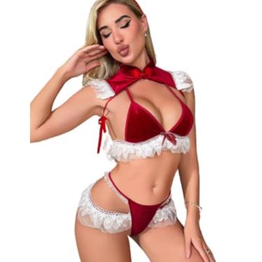 Imagem de SNOMYRS Women's Sexy Christmas Costumes Sleeveless Red Lingerie Set with Reindeer Ears Headband