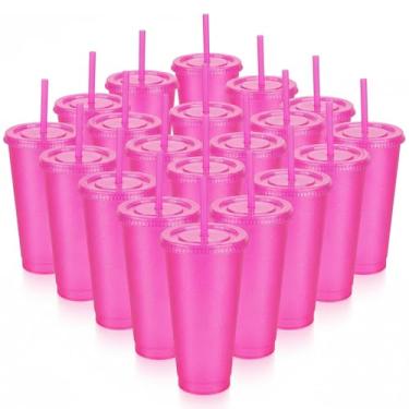 Imagem de ZILAMGOO 24 peças de copos reutilizáveis com glitter de 680 g com tampas e canudos, copos de plástico para lembrancinhas de festa de café gelado, copos de palha reutilizáveis para festa de aniversário