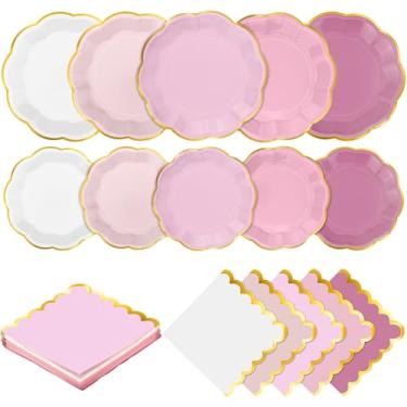 Imagem de Kochorie Conjunto de pratos e guardanapos de papel rosa empoeirado com 100 peças de pratos e guardanapos de papel recortado de folha dourada para decoração de aniversário, casamento, chá de bebê