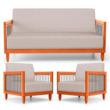 Imagem de Kit 02 Poltronas E 01 Sofá Samoa Madeira Maciça Com Cordas Náutica Linho Rústico Areia - Abmaza