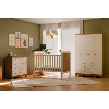 Imagem de Quarto Infantil Completo 3 Peças (1guardaroupa+1berço+1cômoda) Qi121 Branco-amendoa - Peroba