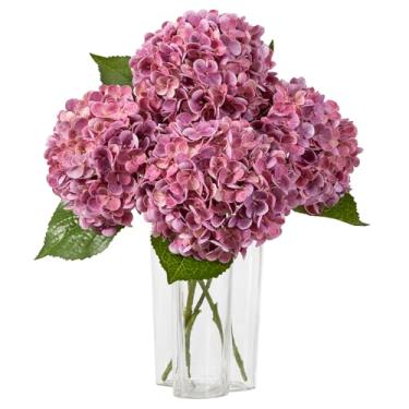 Imagem de DuHouse 3 peças de flores artificiais de hortênsia grande, 50,8 cm, látex de toque real, com hastes longas e folhas para decoração de casa, arranjos florais de festa, buquês de casamento (marrom