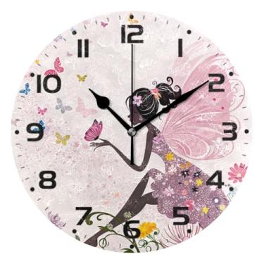 Imagem de JUZIHAI Relógio de parede com flor, fada, anjo, borboleta, silencioso, sem tique-taque, redondo, operado por bateria, fácil de ler, relógio decorativo de parede para casa, cozinha, sala de estar