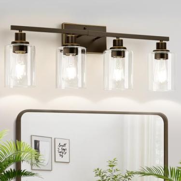 Imagem de MOKATNG Luminária de banheiro de 4 luzes, luminária de banheiro com persianas de vidro transparente, luminárias de banheiro de bronze polido a óleo sobre o espelho, lâmpada de parede de banheiro