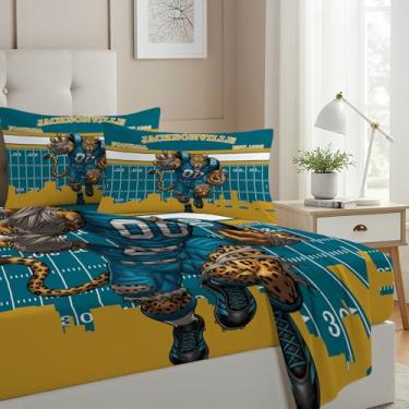 Imagem de Allenjoy Jogo de lençol Jacksonville American Football Teal Momentum com lençol com elástico, lençol de cima e 2 fronhas para meninos, adolescentes, homens, fãs e filhos, lençol de cima, tamanho casal