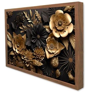 Imagem de Quadro Decorativo Floral Luxo Flores Preto e Dourado em Moldura Caixa 