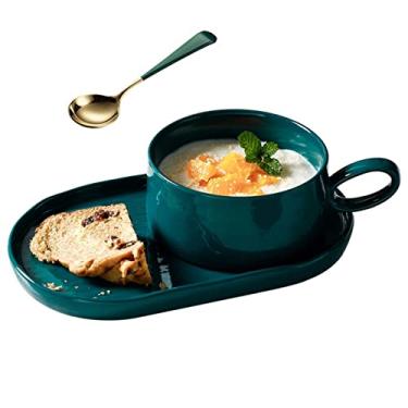 Imagem de 14 Oz Caneca De Sopa Soup Bowls Com Alças, Conjunto De Pratos Cerâmicos Para Café Da Manhã Para Sanduíches De Café Da Manhã E Tigelas De Cereais Para Servir-Verde escuro-Com colher