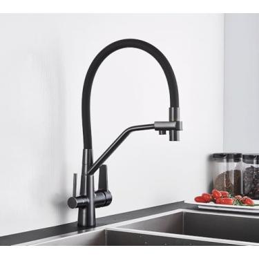 Imagem de Torneira da pia da cozinha torneira do filtro de água pura misturador guindaste dupla alças purificação cozinha e torneira fria, preto fosco b