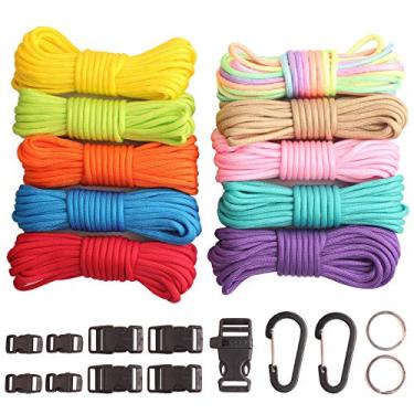 Imagem de GeGeDa Kit de artesanato Paracord, Paracord 550 Combo com 5 tipos de fivelas, 6 metros de cada corda de paracord (conjunto arco-íris claro 60 m) (E-Set)
