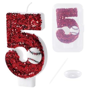 Imagem de Vela de beisebol de 5 anos, vela de bolo número 5 de beisebol, topo de bolo de aniversário para decorações de festa de 5 anos de beisebol