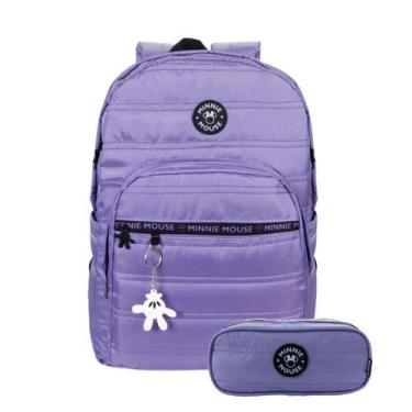 Imagem de Kit Mochila Costas Minnie Mouse Escolar Estojo Duplo Juvenil