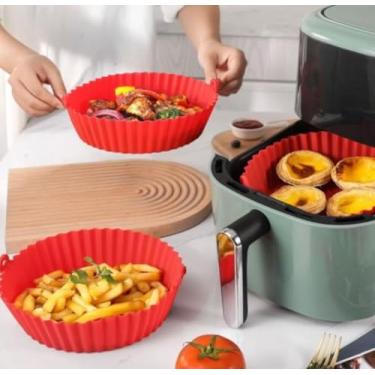 Imagem de Kit 2 Peças Air Fryer Silicone Reutilizável Resistente ao Calor Livre de BPA Forma Redonda de Silicone Assadeira Air Fryer Acessórios Forros de Papel Substituição para Forno Micro-Ondas (Vermelho)