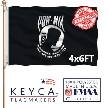 Imagem de KEYCA Bandeira Pow Mia 1,2 x 1,8 m feita nos EUA - Bandeira de prisioneiro de guerra preta dupla face resistente com 2 ilhós de latão para decoração de casa/empresa/interior e exterior