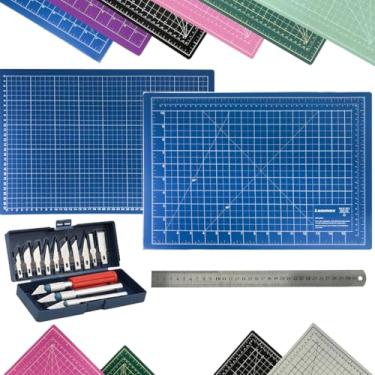 Imagem de Kit Base de Corte A3 30x45cm Multiuso Costura Artesanato Patchwork Desenho Jogo Estilete Precisão 13 Peças Regua Metal 30cm (Azul)