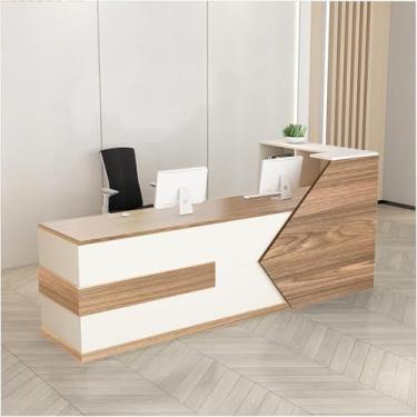 Imagem de Mesa de recepção de madeira moderna com balcão e gaveta com trava, recepção de salão L-Shap, balcão de entrada, balcão de recepção, balcão de recepção, fácil de montar, branco carvalho, G, 110