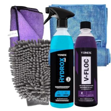 Imagem de Kit Vonixx para Lavagem Automotiva, Hydrox Fast 500ml, V-Floc 500ml, Luva de Microfibra e Flanelas