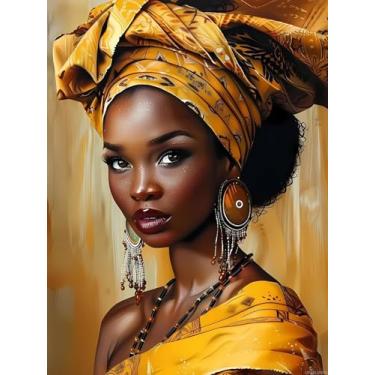 Imagem de UPABLUNSO A Mulher Africana no Hijab Amarelo 5D DIY Full Drill Round Art Diamond Art Perfeito para Decoração de Parede de Casa Kits de Pintura de Diamante Afro-Americano para Adultos 30,5 x 40,6 cm