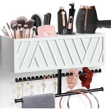 Imagem de Suporte de secador de cabelo rústico montado na parede, organizador de ferramentas e acessórios para penteados, suprimentos de banheiro e ferramentas quentes, organizador para armazenamento, chapinha