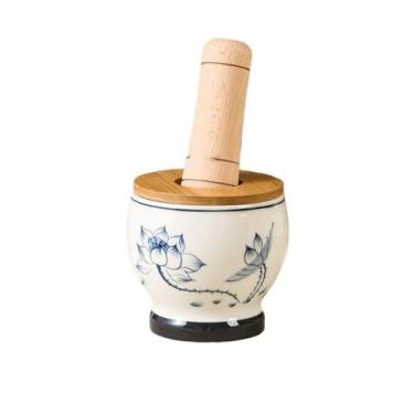 Imagem de Tigela Moedora Moedor de cerâmica para argamassa de alho, triturador de especiarias manual, moedor de ervas com tampa de madeira e pilão Moedor Triturador