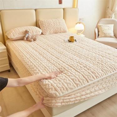 Imagem de Capa de colchão, lençol com elástico, protetor de colchão de algodão espesso, respirável, confortável, capa de colchão, quente, de veludo, adequado para a pele, para cama de quarto, bege|Queen: 150 x
