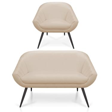 Imagem de Kit 01 Namoradeira 02 Lugares E 01 Poltrona Giovana Corino Bege Pés Palito De Ferro