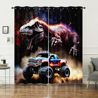 Imagem de AILONEN Cortina de janela para meninos de dinossauro e caminhão, cortinas infantis com tema de dinossauro estrelado 3D para quarto, cortina de janela para meninos Monster Jam Truck 132 cm L x 160 cm A