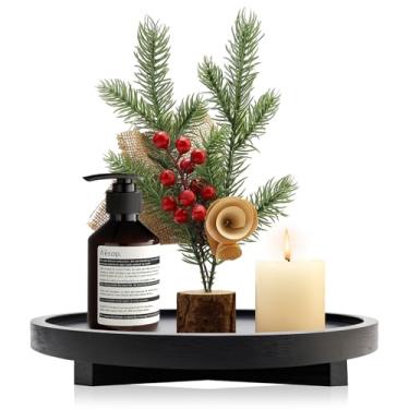 Imagem de Bandeja decorativa redonda preta de madeira, organizador de balcão de banheiro, decoração de cozinha, elevador de madeira para saboneteira, perfume, vela, suporte de esponja, bandejas de banheiro