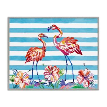 Imagem de Stupell Industries Design de arte giclée emoldurado cinza de hibisco e flamingos escovados por Paul Brent, 28 x 35 cm