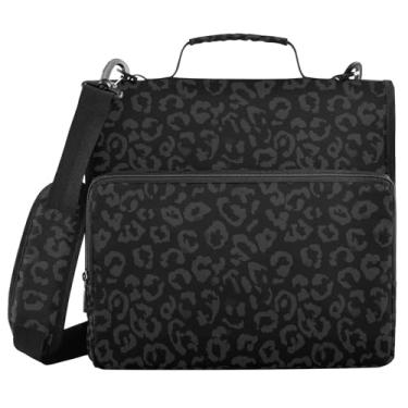 Imagem de Bolsa de fichário com zíper preta leopardo com 3 anéis, bolsa organizadora de pasta de arquivo grande com alça de ombro para laptop, 500 folhas para adultos, trabalho ao ar livre, material de