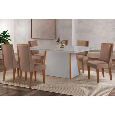 Imagem de Conjunto Sala de Jantar Tilia c/ Tampo Madeirado c/ Vidro Canto Curvo 180x90cm e 6 Cadeiras Tilia Madeira Maciça Naturale/Off White - Capuccino/Suede 