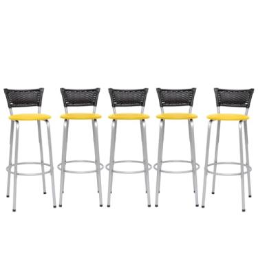 Imagem de Banqueta Altas Junco Preto Estrutura Prata 70cm Para Balcão Cozinha, Bar, Bistrô, Americano Kit 05 Unidades - Itagold (Assento Amarelo)