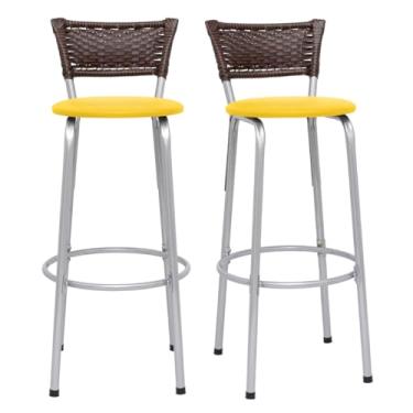 Imagem de Kit 2 Banquetas Alta Junco Argila Estrutura Prata 70cm Para Balcão Ilha Bancada Cozinha Bar Bistrô Americano - Itagold (Assento Amarelo)