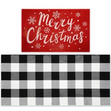 Imagem de Maasechs 2 capacho de Natal 61 x 128 cm, tapete de Natal ao ar livre e 45 x 71 cm, tapete de boas-vindas para entrada externa (floco de neve)