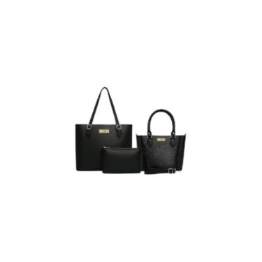 Imagem de Kit 3 Peças Bolsa Feminina, Couro Sintético, Preta, com Alça Trançada Caramelo, Bolsa Grande 30x27x11cm, Bolsa Média Transversal, Necessaire