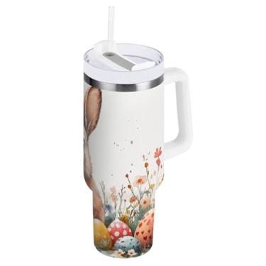 Imagem de ATTX Copo de coelho fofo da Páscoa de 850 g com alça, copo de aço inoxidável a vácuo de parede dupla com palha, caneca de café de viagem isolada #48