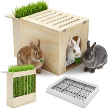 Imagem de Leinuosen Caixa de areia de coelho de madeira 2 em 1 com alimentador de feno grande capacidade menos bagunça conjunto de caixa de areia para coelhos, coelhos, porquinho-da-índia, chinchila, hamster