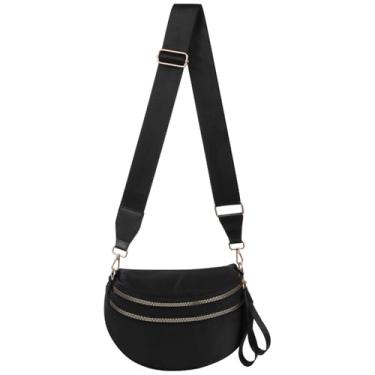 Imagem de Bolsa tiracolo preta para mulheres, bolsa de viagem com vários bolsos com zíper, pochete de nylon com alça ajustável, bolsa de ombro casual leve para uso diário